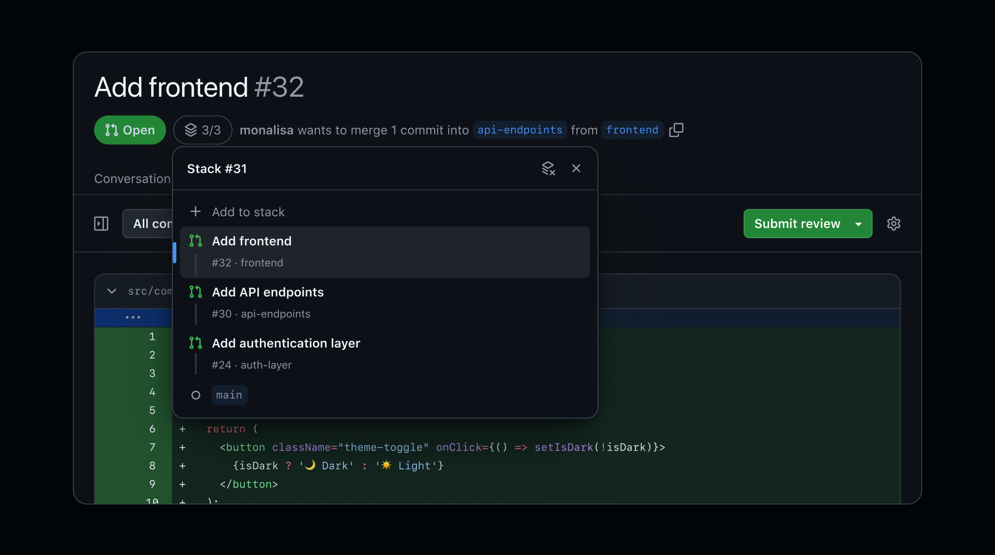 gh-stack indicator in Pull Request UI. Source: GitHub Documentation